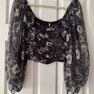 Free People Blue and Silver Sheer Crop Blouse